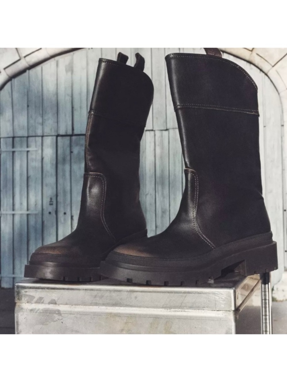 Zara Dark Brown Leather Chunky Lug Sole Ankle Boots- used